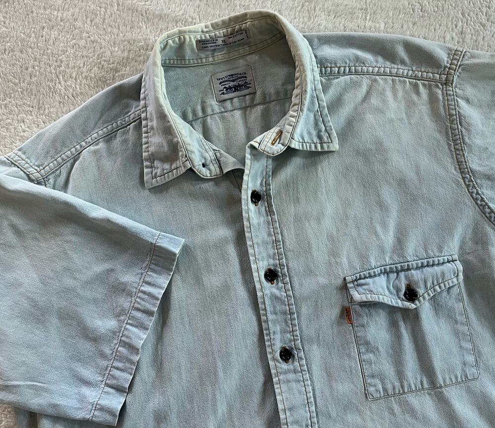 Vintage 90s Levis Orange Tab Denim Shirt XL Light Wash Chambray Short Sleeve